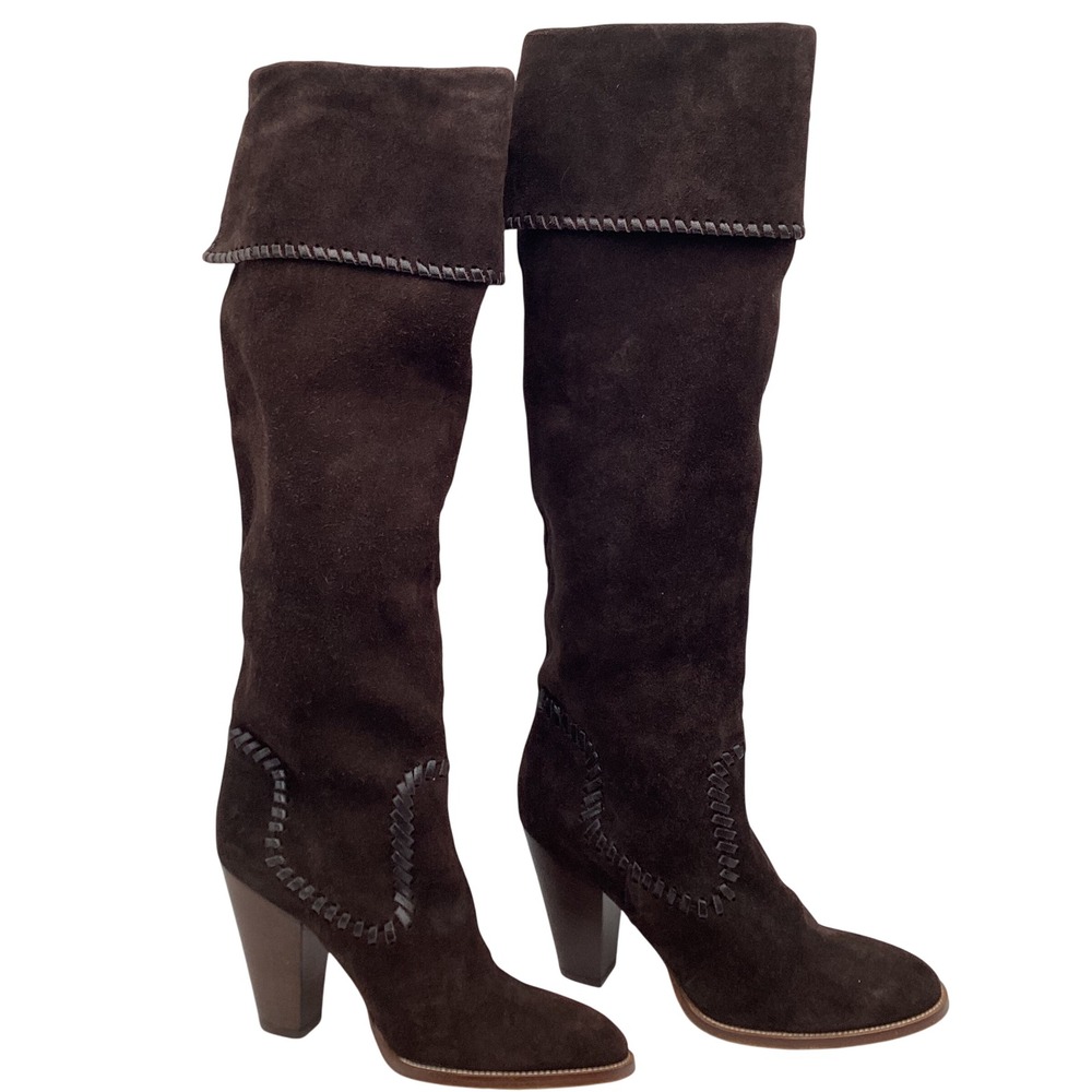 Michael Kors Dark Brown Suede Whipstitch Tall‎ Cuffed Block Heel Boots Size 8.5